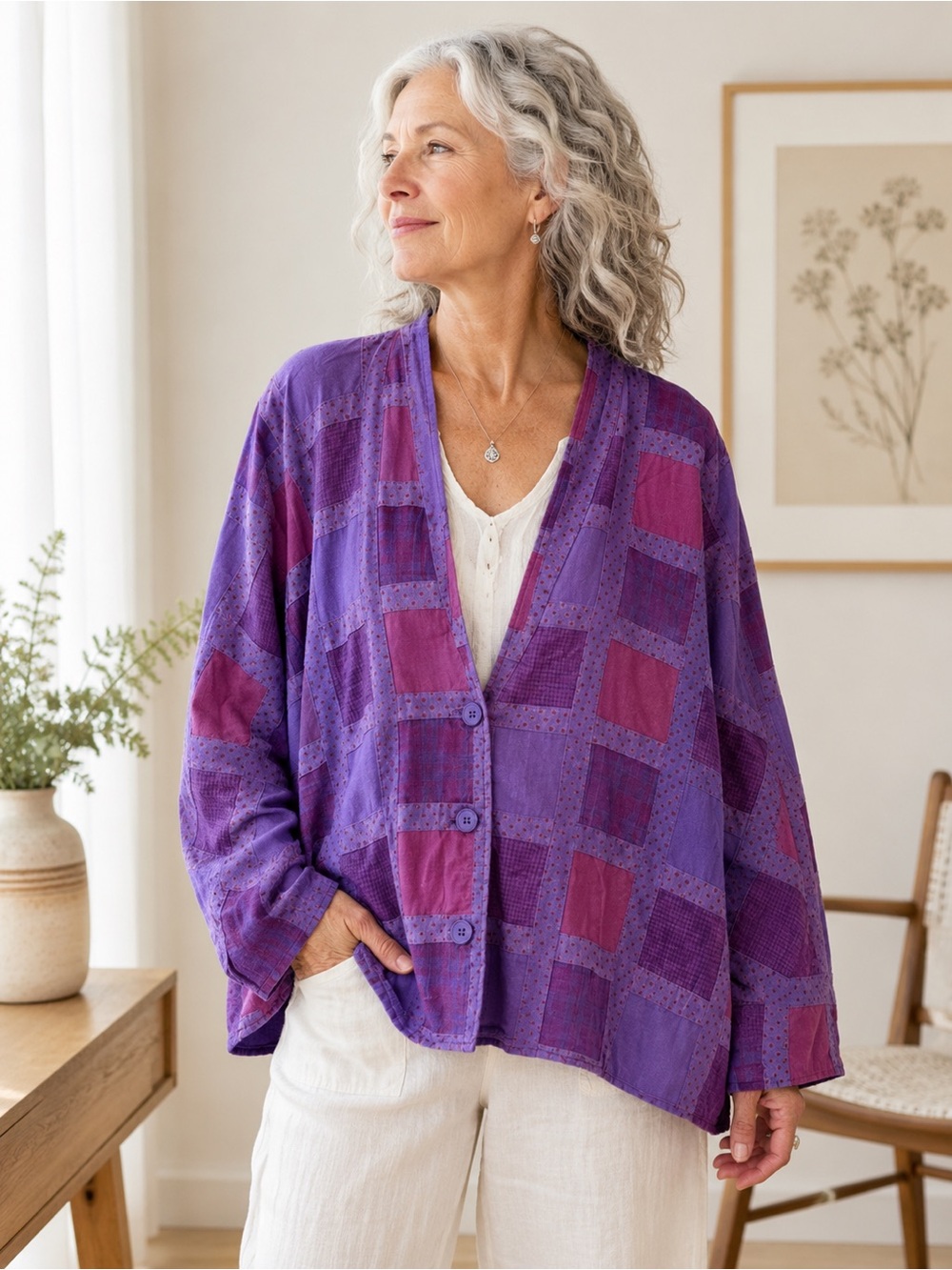 Purple Patchwork Button-Front Jacket